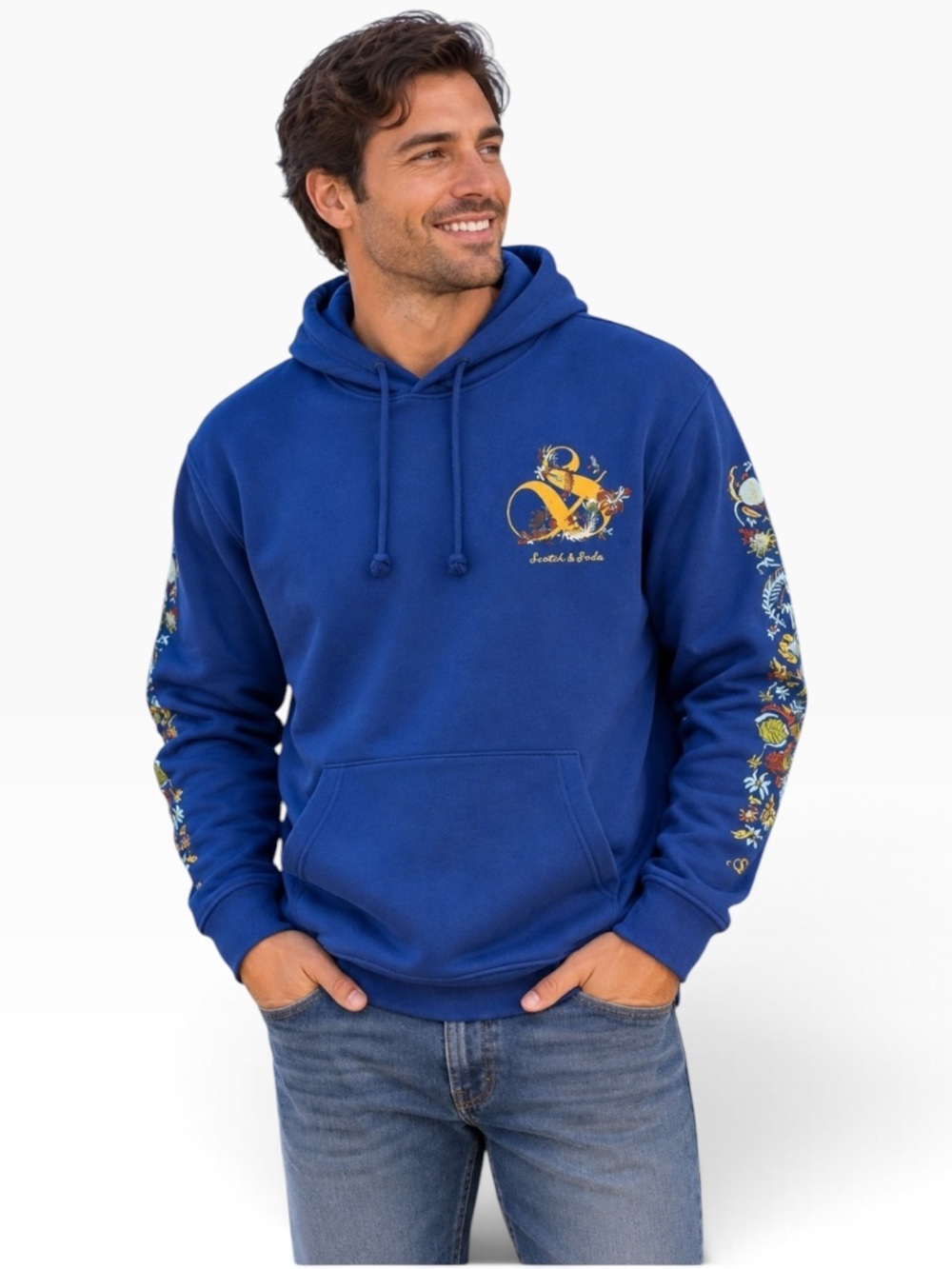 SCOTCH & SODA Men’s Embroidered Relaxed Fit Fleece Hoodie Evening Skies NEW